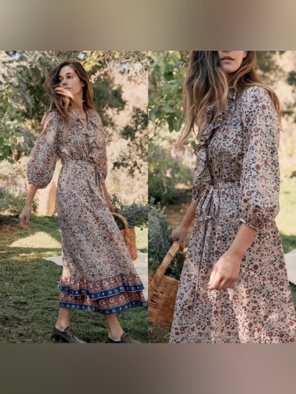 Christy Dawn The Willa Dress Sand Anemone Vine Print Puff Sleeve Medium